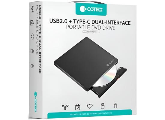 COTECi USB 2.0 + Type-C Dual Interface Mobile DVD Burning Optical Drive - Black